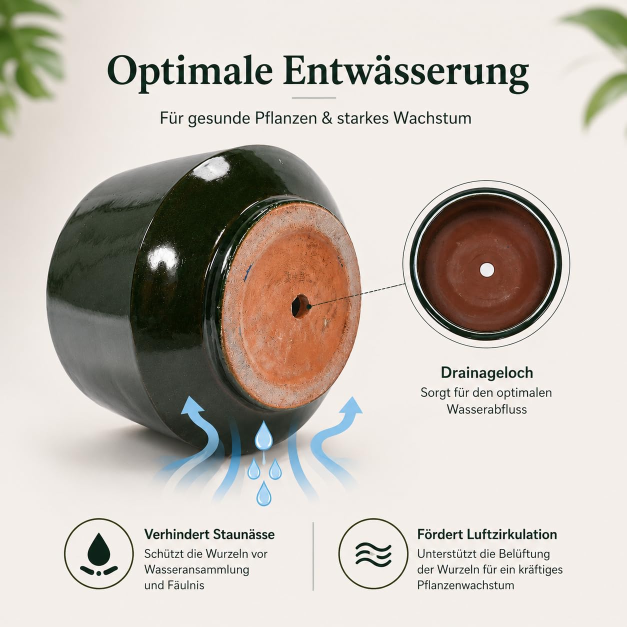 3er Set Keramik Blumentöpfe Groß, 38.1/28/22.9 cm Durchmesser Übertöpfe für Pflanzen, Große Blumentopf mit Drainagelöchern für Innen und Außen, Terrasse, Garten und Poolbereich, Dunkelgrün Glänzend