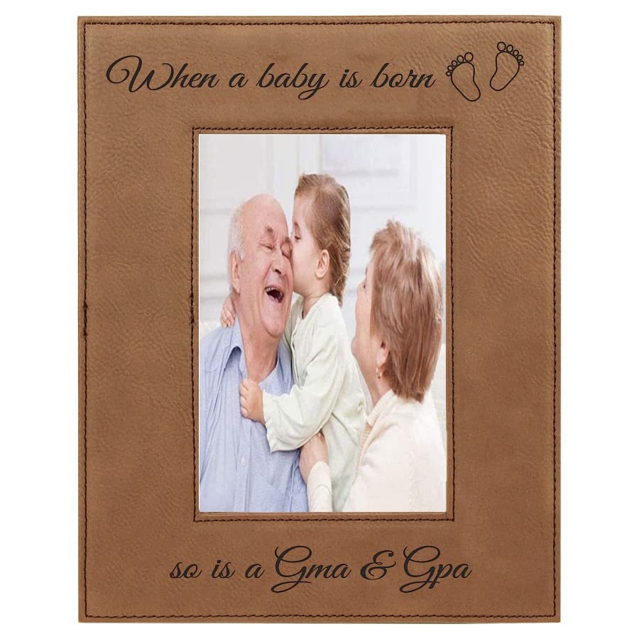CustomGiftsNow When a Baby is Born so is a Gma & GPA Laser Engarved Faux Leather Dark Brown Leatherette Wall Hanging/Tabletop 5x7 Vertical Picture Group Family New Grandchild Baby Photo Frame