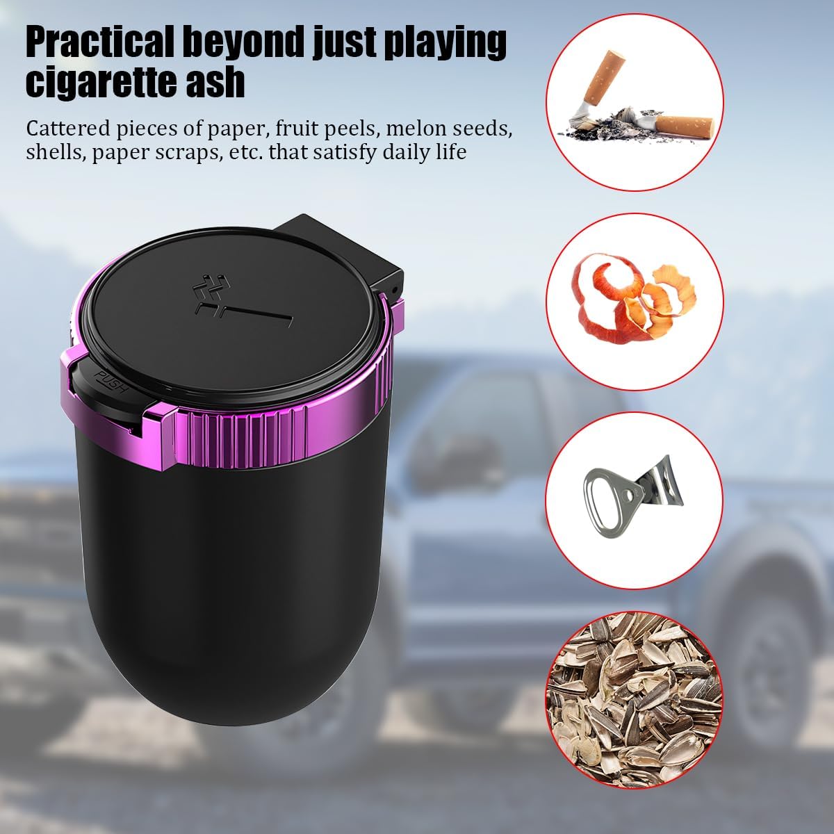 Car Ashtray with Lid, Detachable Smokeless Leak-Proof Vehicle Cup Holder Ash Tray with LED Light, Portable Smell Proof Automotive Interior Trash Can, Universal for SUV RV Truck (Purple)