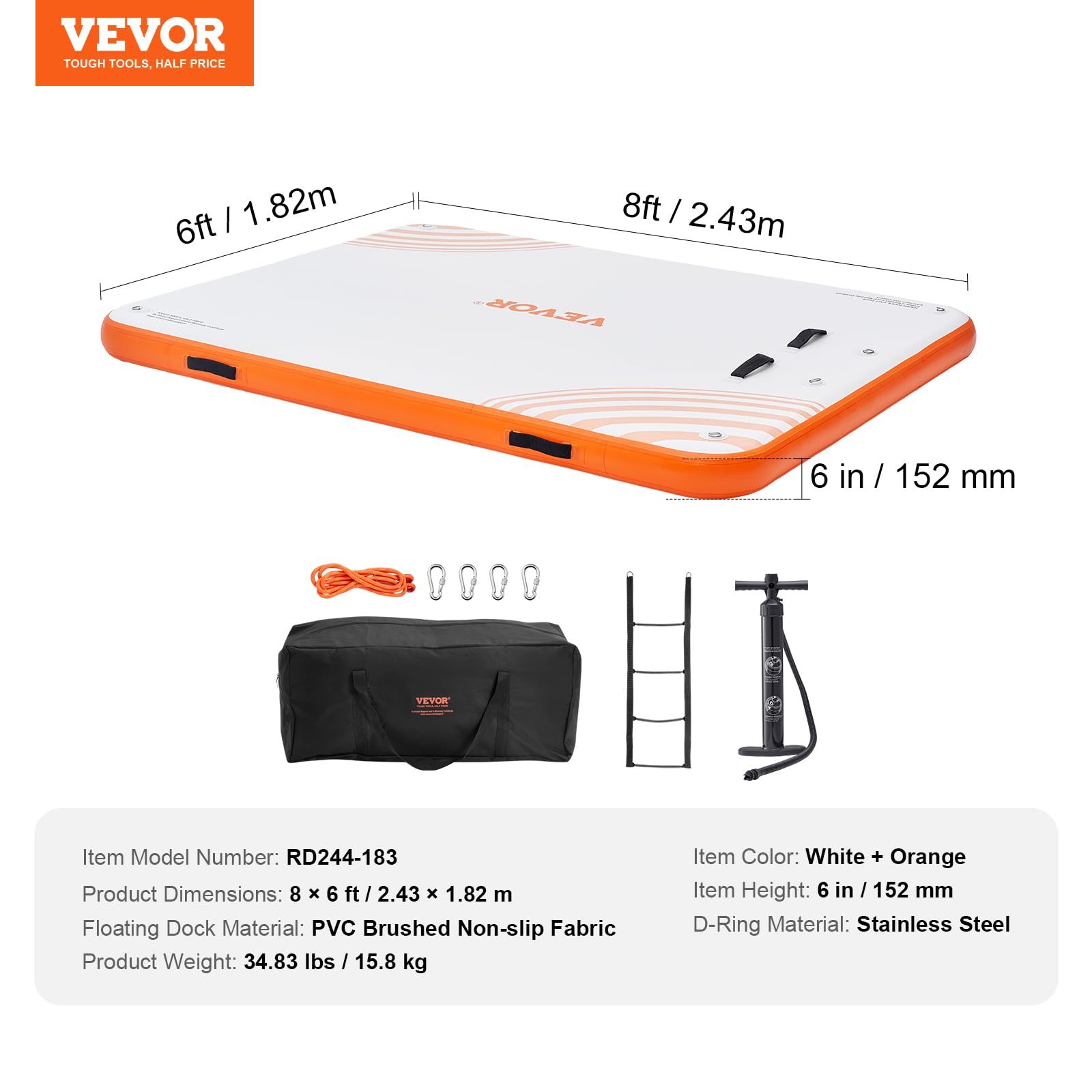 VEVOR Quai Flottant Gonflable, Plateforme de Quai Gonflable, Tapis de Quai Flottant antidérapant avec échelle Amovible et Sac de Transport Portable, Plate-Forme Flottante pour océan, Piscine, Plage