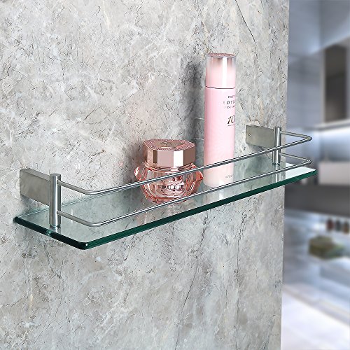 Image of SAYAYO Tempered Glass Shelf Bathroom Shelf with Rail Wall Mounted 20 inches, Stainless Steel Brushed Finished, EGC1000
