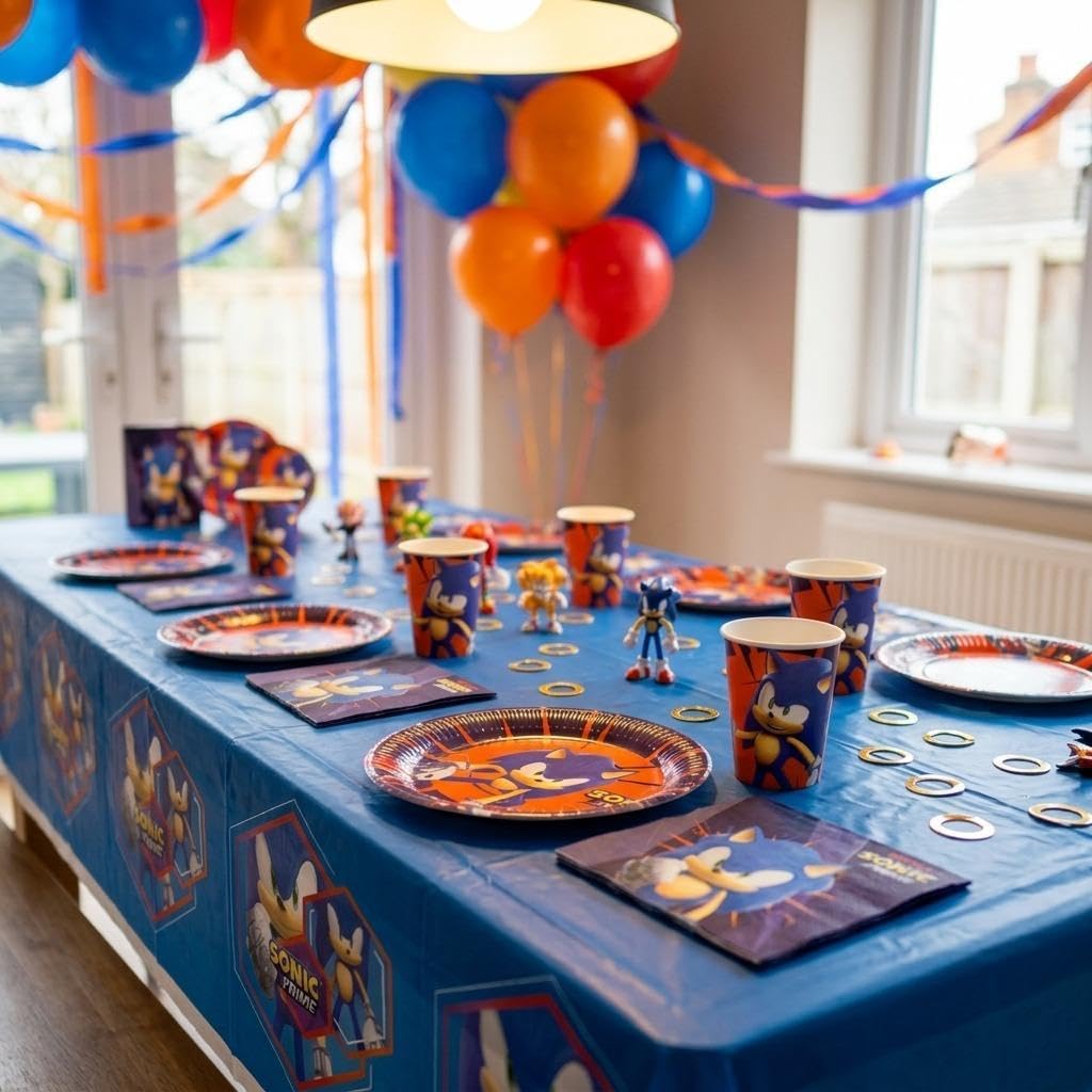 Kit Compleanno Sonic per 8 Persone - Set Festa con Piatti 23cm e Piatti 18cm, Bicchieri, Tovaglioli e Tovaglia - Addobbi Tema Sonic per Bambini