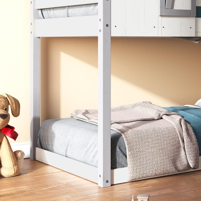 Close-up of the bottom bunk of the Child Craft Rustic Barn House Bunk Bed
