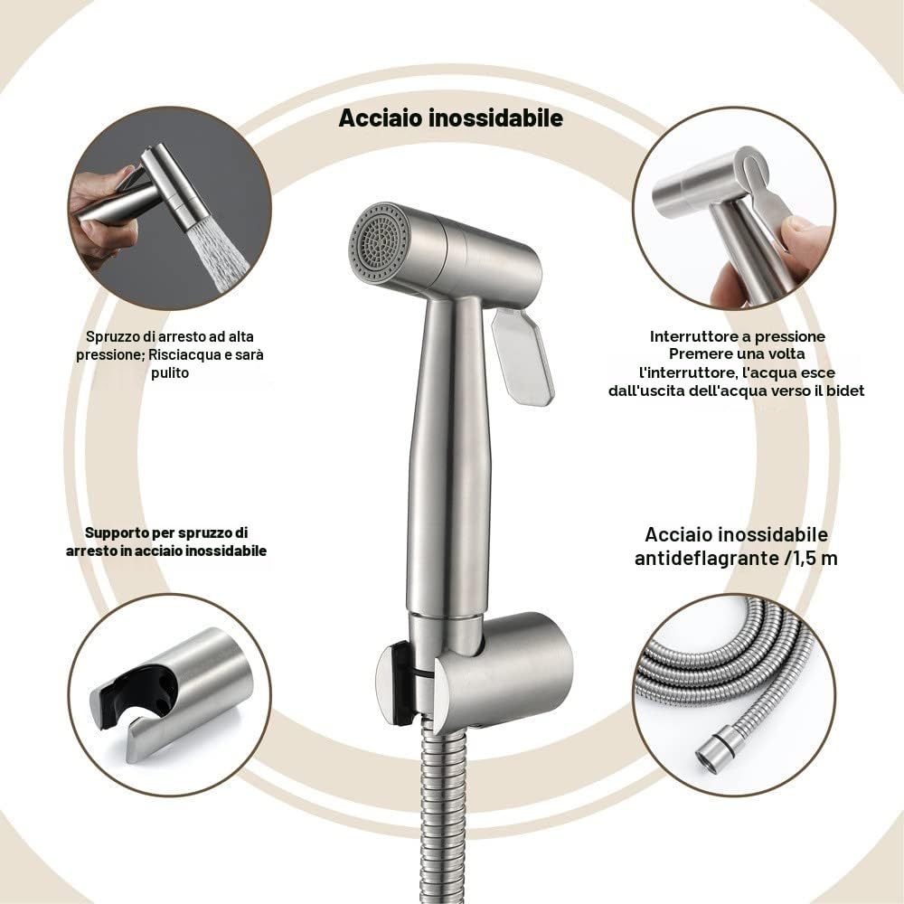 Bidet Portatile Kit Doccetta Spruzzatore WC Acciaio Inossidabile Deviatore 2 Vie Tubo 1,5m Supporto