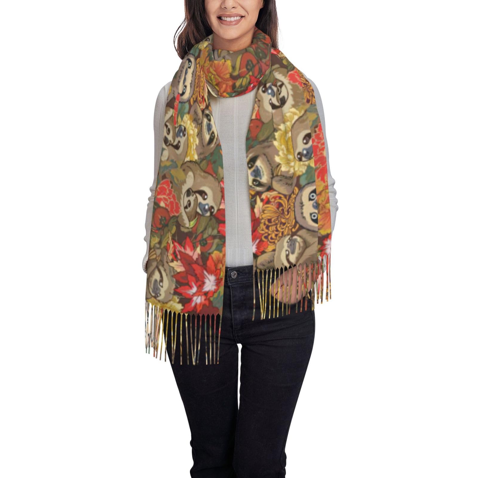 Rrhgipp Unisex Black Ladies Funny Sloths Scarf For Women Shawls Large Square Bohemian Scarves With Tassel Tassel Shawl Scarf