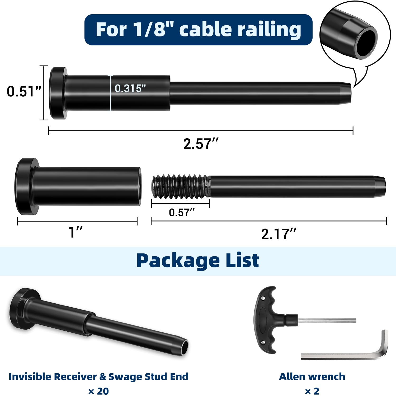 20 Pack Black Cable Railing Kit Invisible Receiver&Threaded Stud End for 1/8" Cable Railing System, T316 Marine Grade Swage Tensioner Hardware for 2x2 Wood Metal Post, with Custom Allen Wrench