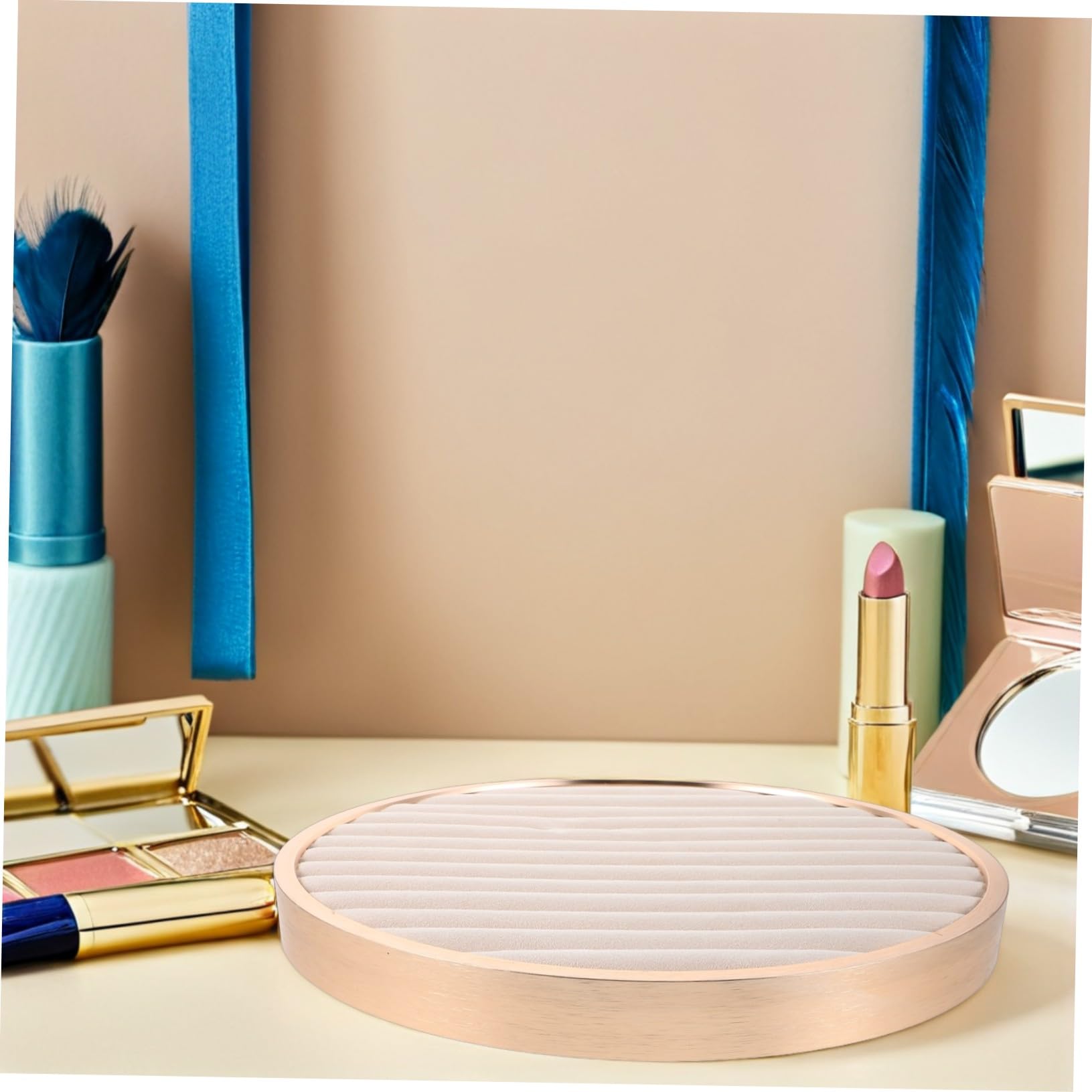 Bandeja Redonda Pequeña de Terciopelo Beige para Joyería Organizador Versátil para Anillos Pendientes y Pulseras Exhibidor Protector para Tienda y Uso Personal