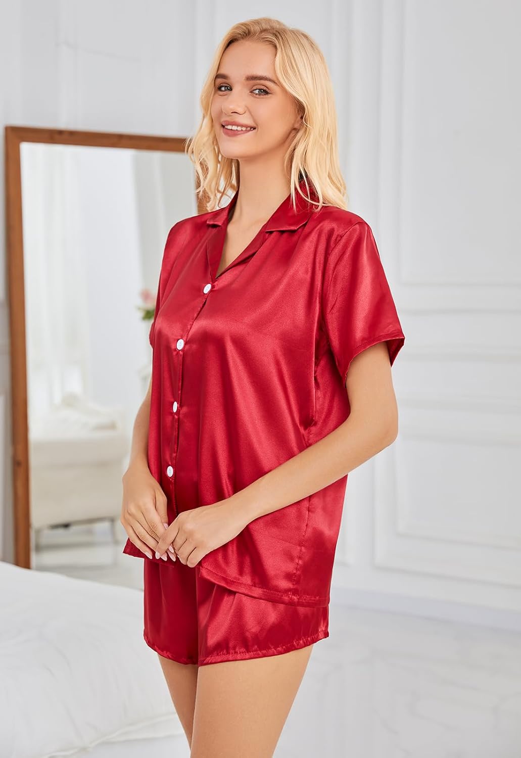 Satin Pajamas for Women Solid Color, Silky PJs Set with Notch Neck & Adjustable Drawstring Shorts - Image 3