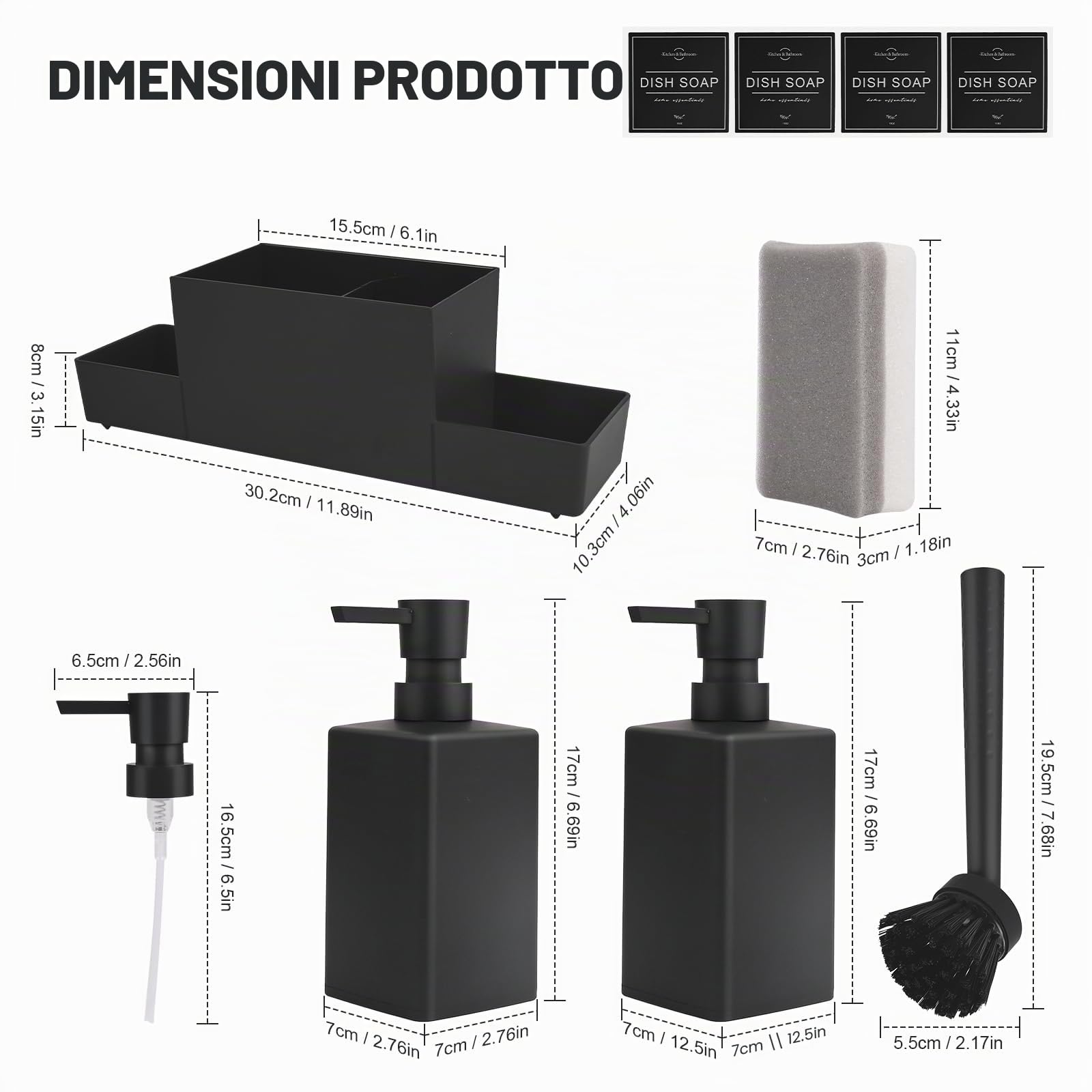 Dispenser Di Sapone Da Cucina, Porta Spugne Con Dosatore, Set Bagno Porta Sapone e Spazzolini,Con Spugna e Spazzola, Per Box Lavello,Cucina,Bagno (Nero)