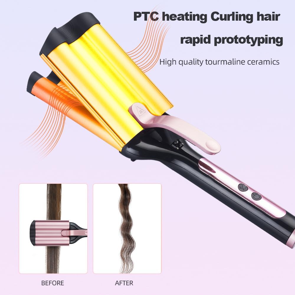 HS535 Professional Hair Curling Iron, LCD Temperature Control, 3-Barrel Wave Styler, Rose Gold, 120-220°C, 120W Ceramic Heating