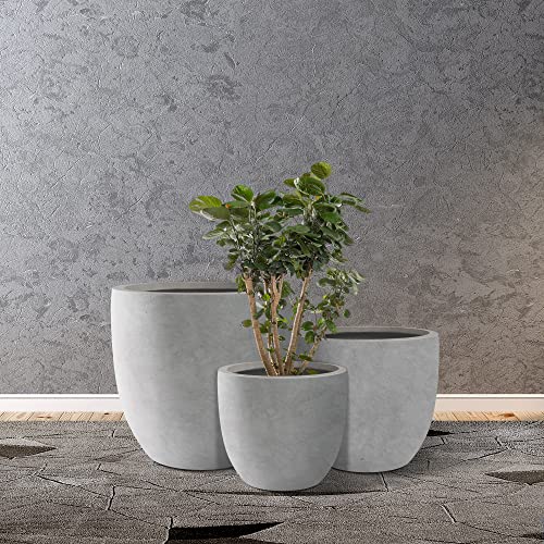 Kante 20\",16.5\",13.4\" Dia Round Concrete Planters (Set of 3), Outdoor Indoor Modern Decorative Plant Pots with Drainage Hole & Rubber Plug for Home & Garden, Natural Concrete