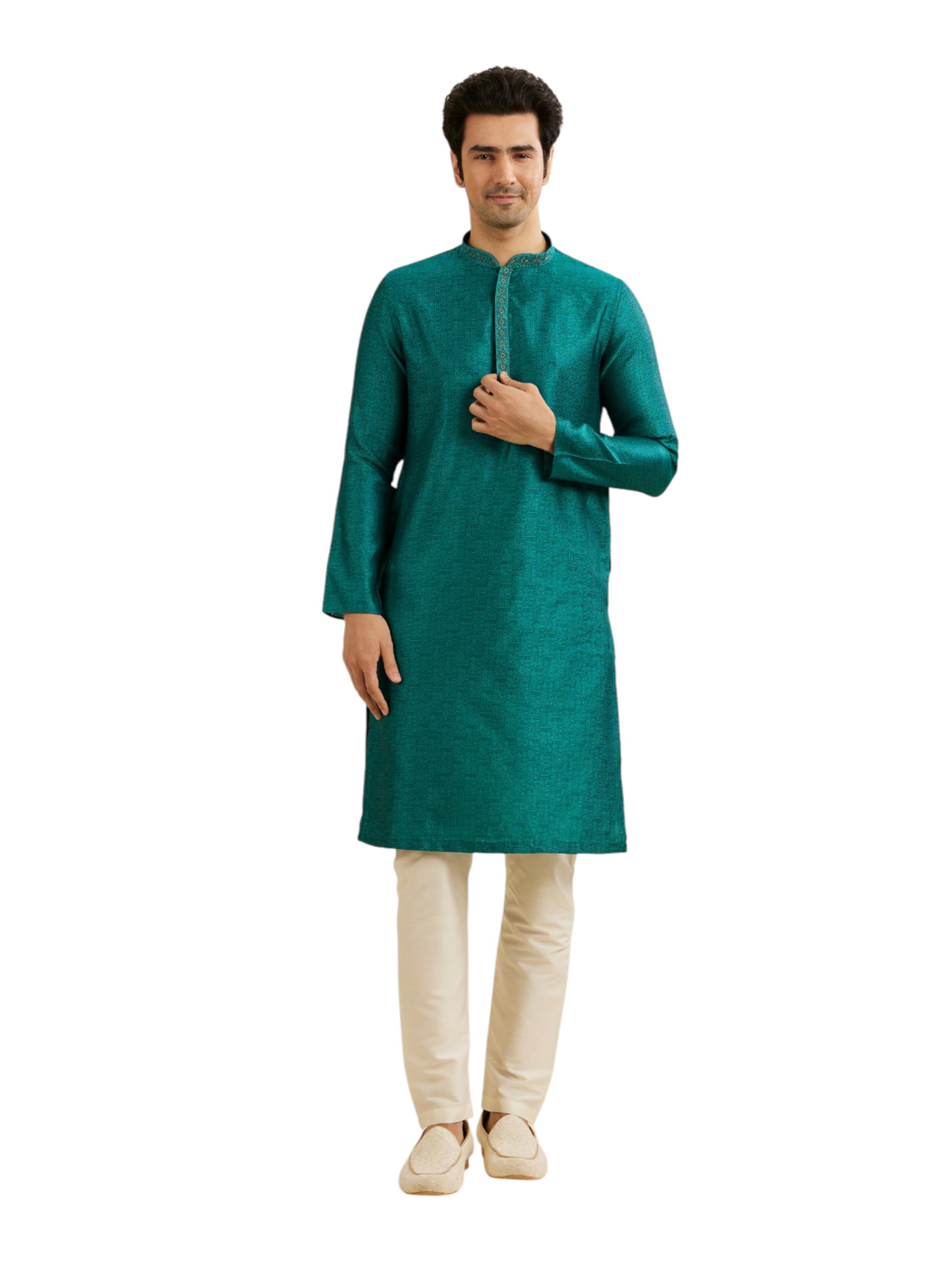 manyavar Men's Art Silk Intricate Prints & Neck Detailing Kurta Pyjama Set (2pcs)-picture-43