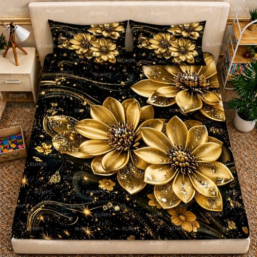Image of RUMPS 7D Digital Golden Floral Bedsheet with 2 Pillow Covers, King Size Flat Bedsheet 90x100 Inch, Luxury Flower Printed Bedsheet