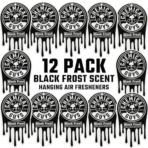 Chemical Guys Car Fresheners Hanging Air Freshener Black Frost Scent 12 Pack Great for Cars Trucks SUVs RVs Home Garage Workspace Dorm Room & More (4 x 3 Packs)