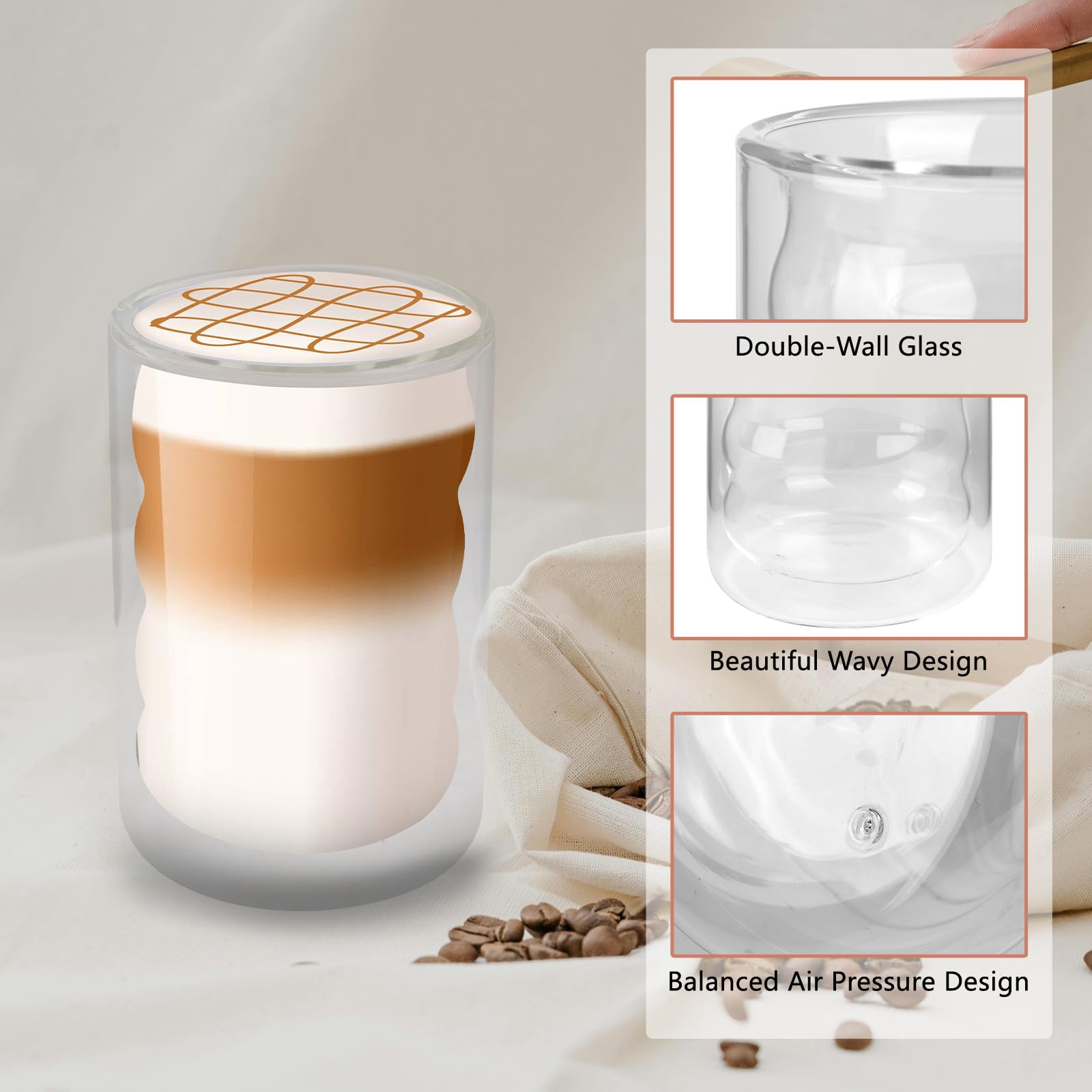 Hniuyun Double Wall Glass Coffee Mugs, 400ml Clear Coffee Mugs with Spoon, Insulated Glass Cups for Cappuccino Milk, Tea - Image 3