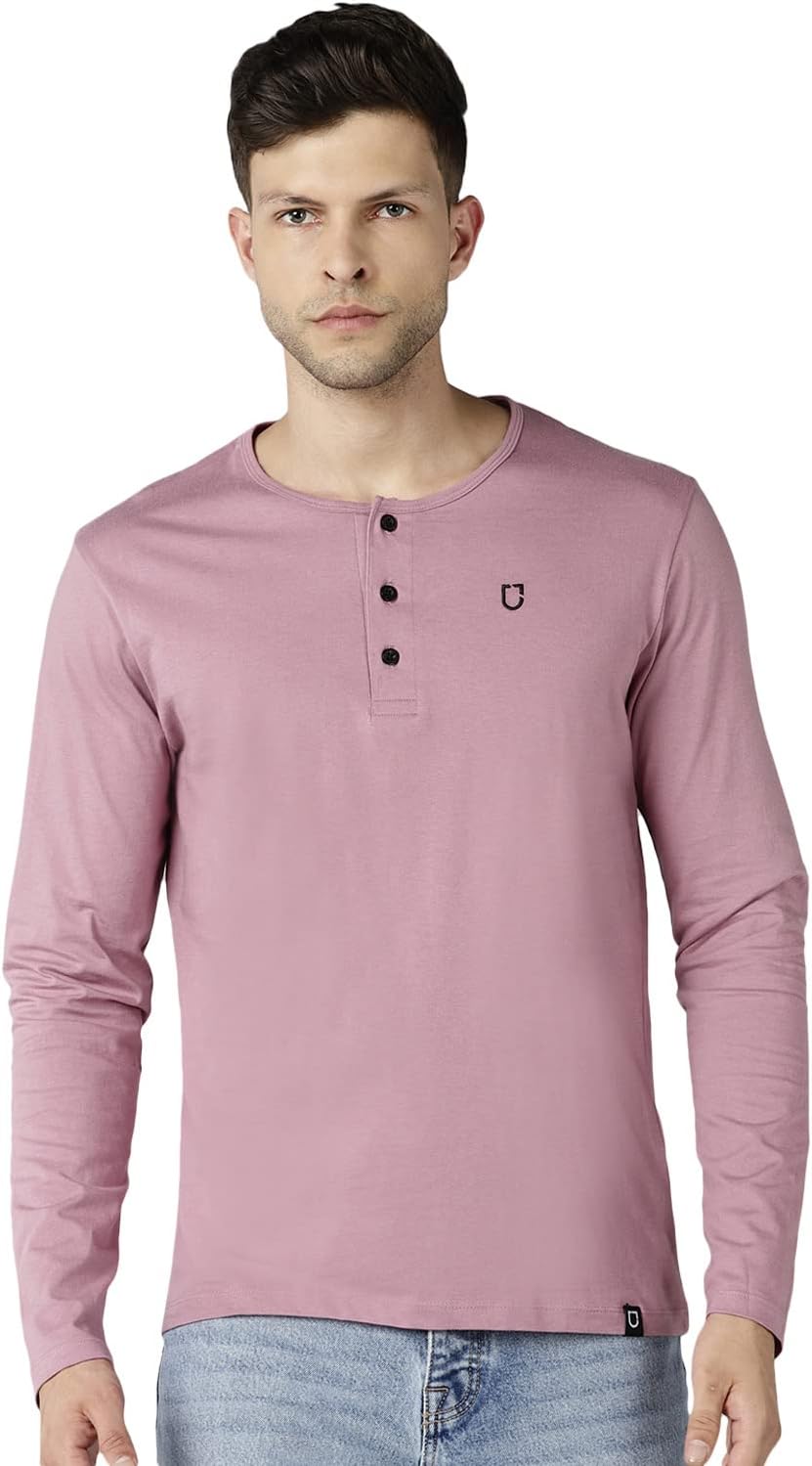 Urbano FashionMen's Solid Henley Neck Slim Fit Full Sleeve Cotton T-Shirt