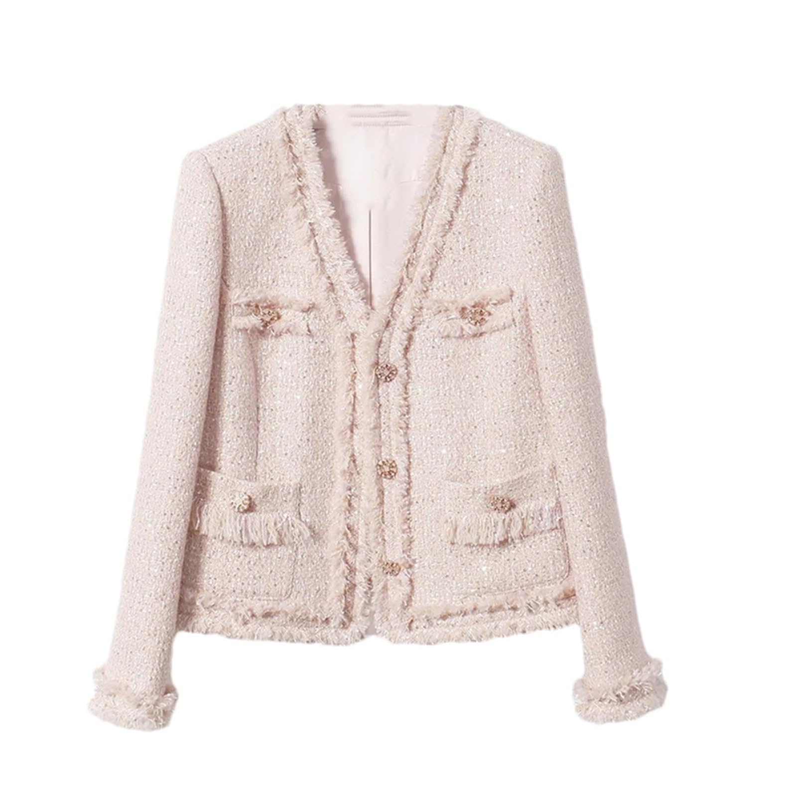 Mnjyihy Women V-Neck Slim Short Tweed Jackets Single Breasted Long Sleeves Wool Blends Work Coat Outwear
