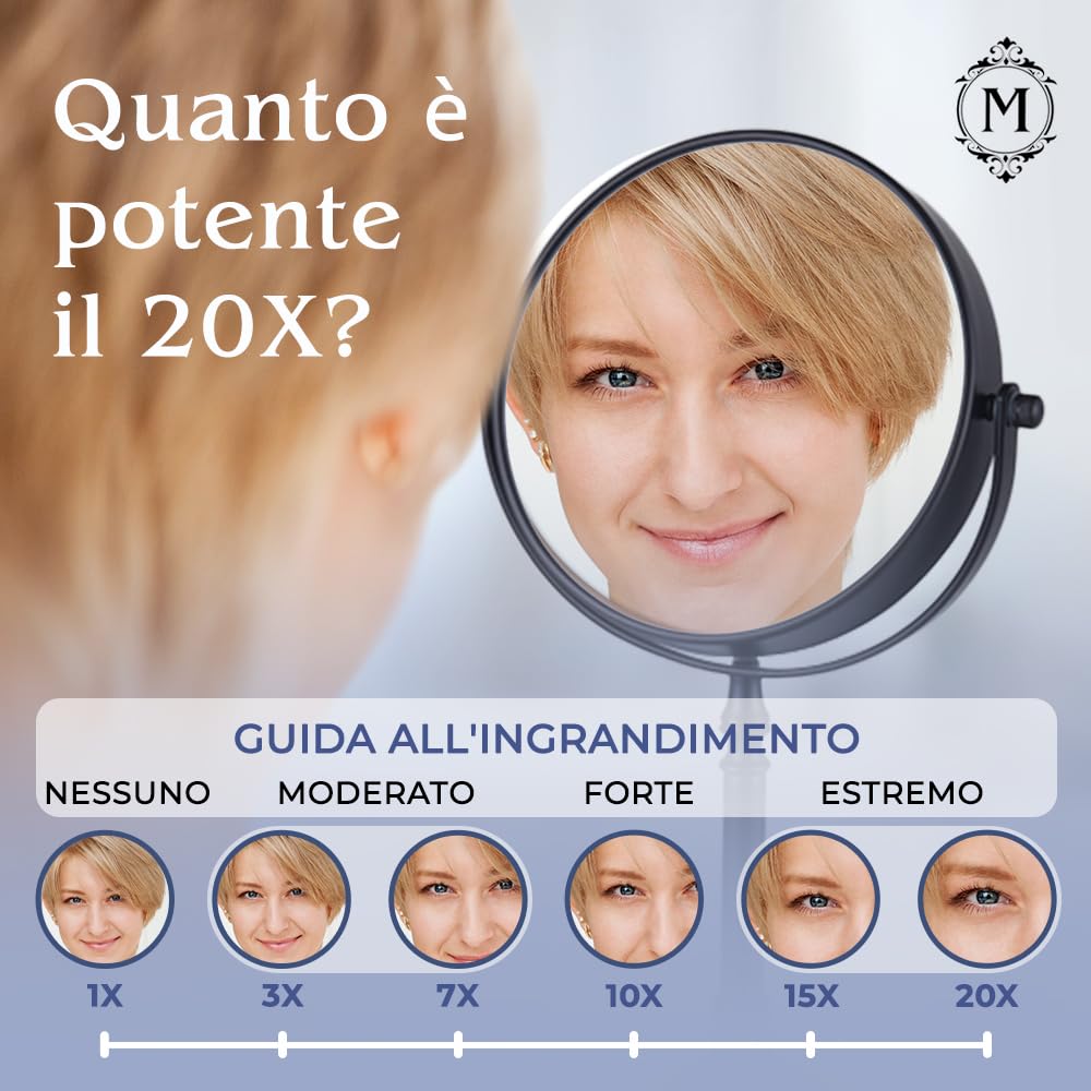 Mirrorvana Specchio da tavolo per trucco con ingrandimento 20X e 1X, ideale per make up e toeletta da bagno, specchietto ingranditore 30 x 15 cm (nero)