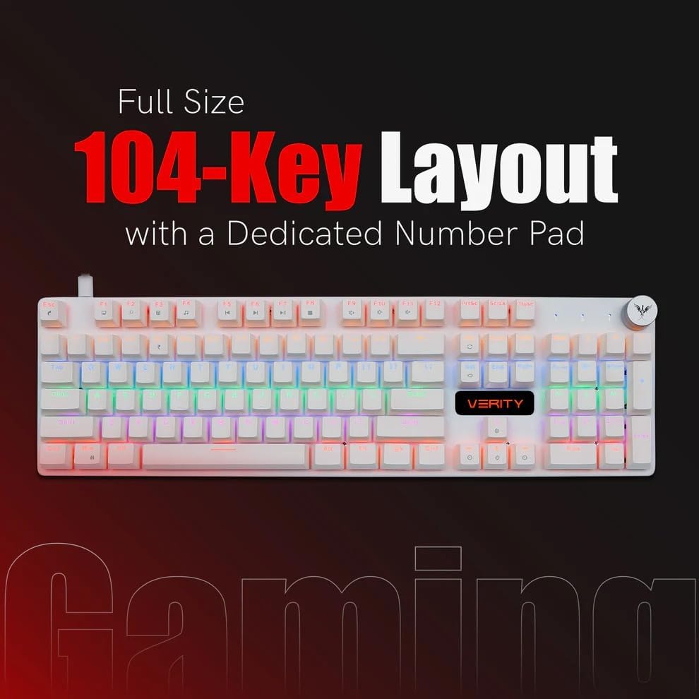Image of VERITY Onyx RGB Mechanical Keyboard | 104-Key Full Size Gaming Keyboard with Quiet Durable Keys, Custom RGB Lighting, Type-C Wired, Sleek Design for PC, Office & Daily Use (White)
