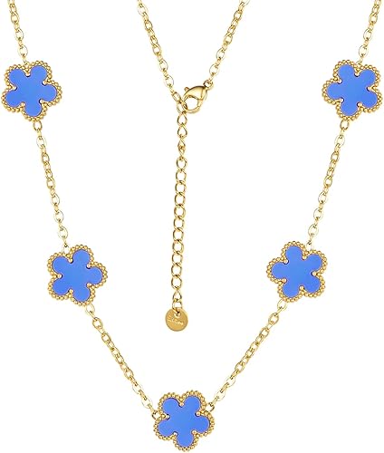 Clover Necklace for Women 18K Gold Plated Stainless Steel Four Leaf Clover Necklace Lucky Simple Dainty Jewelry(Blue)