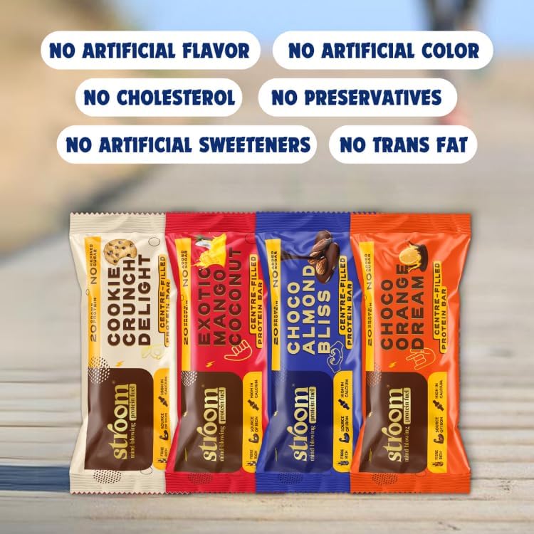 Image of STROOM Asia's First Centre Filled Protein Bar | Pack of 4 | 20g Quality Protein bars | Honey Sweetened | Source of Fibre & Iron l 252 gms (63 gms each bar)
