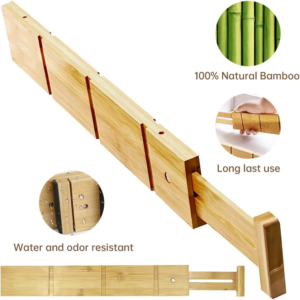 Bamboo Drawer Dividers with Inserts for Clothes Kitchen Adjustable Drawer Dividers Organizers Expandable Utensils Organization for Home Office Dorm Dressers