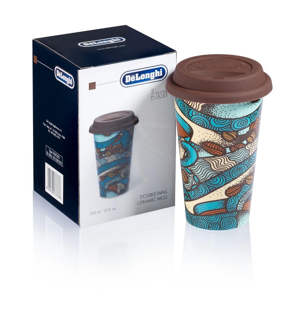 De'Longhi Double-Wall Ceramic Mug 300ml - Handmade Thermal Mug with Silicone Lid, Keeps Drinks Warm Longer, Microwave and Dishwasher Safe, Geometric Pattern, Brown DLSC055