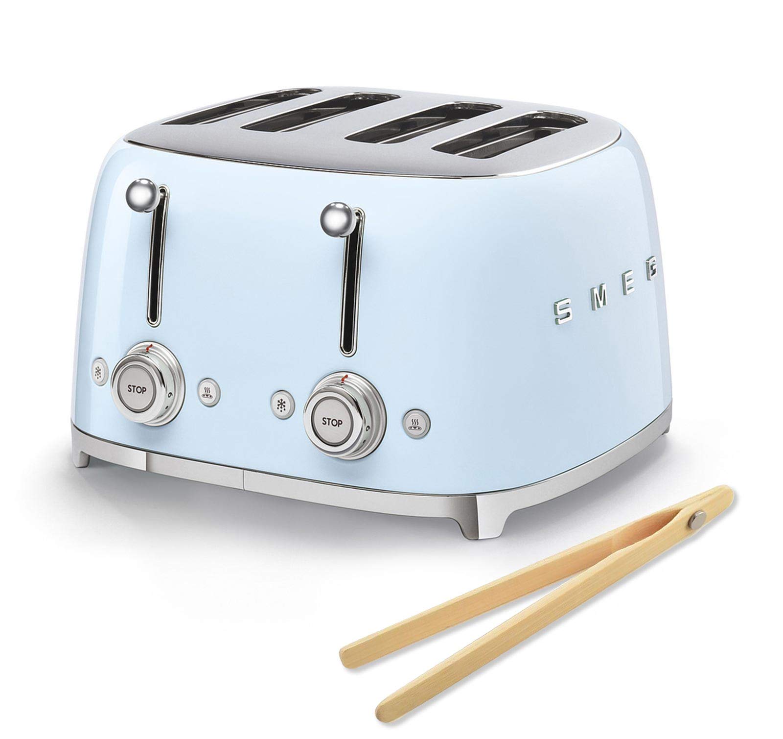 Smeg 50s Retro 4-Slot Toaster TSF03PBUS Bundle with Bamboo Tongs - Pastel Blue