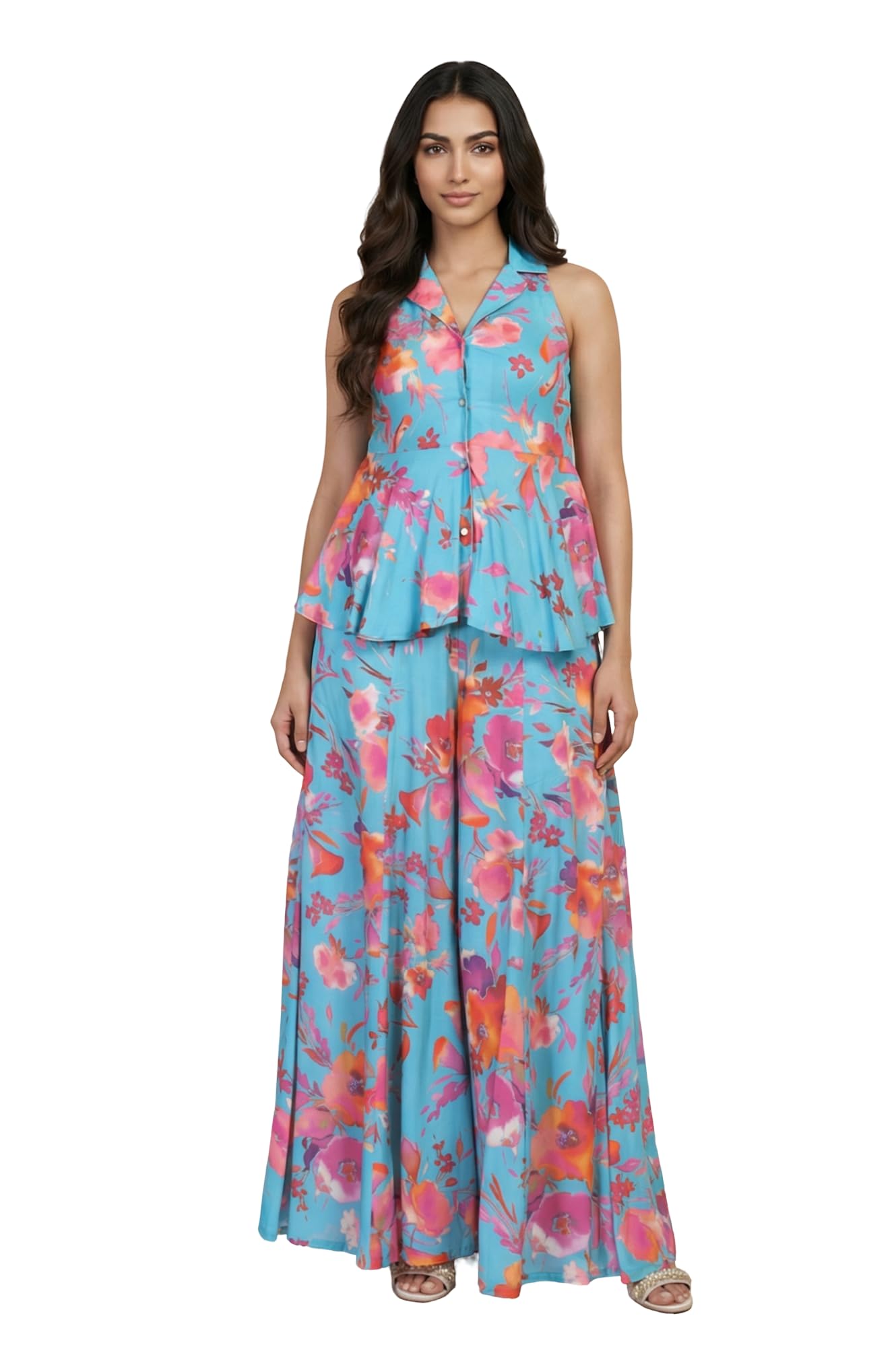 aurelia Women's Blue Floral Printed Cotton Blend Flared Top with Palazzo Co-ord Set-picture-15