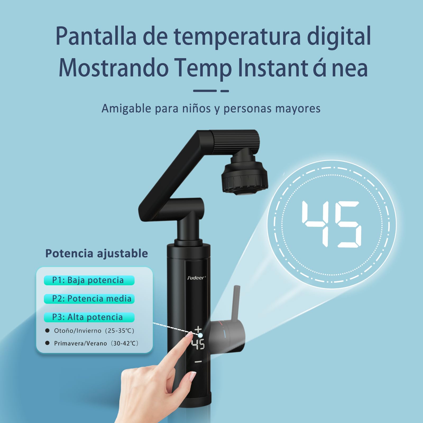 Grifo de agua con calentador de paso con tobera universal para cocina,Armadura de acero inoxidable con calentador de paso suministro con pantalla digital, 230v Grifo eléctrico
