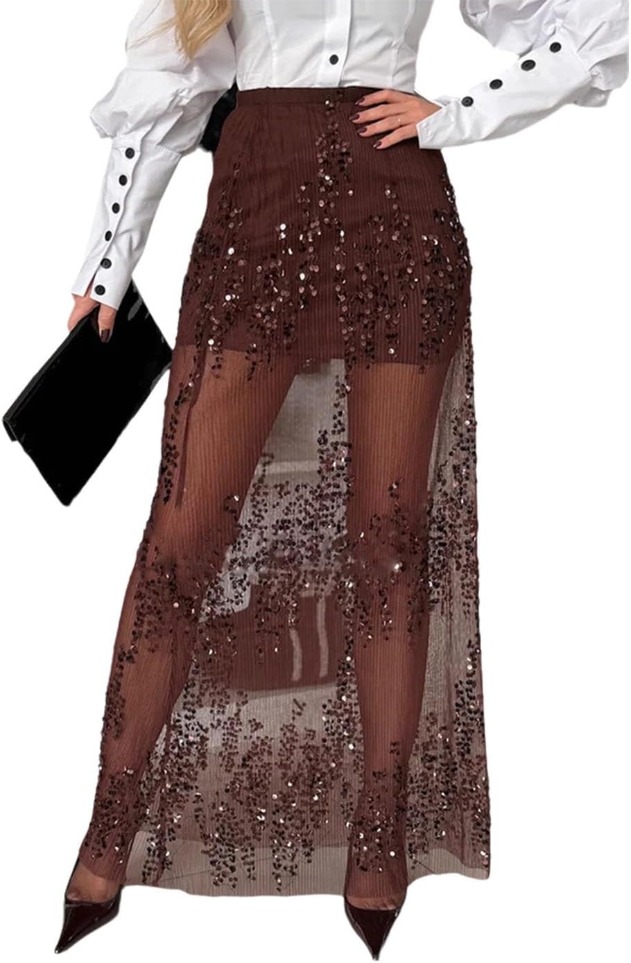 Maxi Sequin Skirts for Women Mesh See Through High Waist Sheer Patchwork Night Out Club Long Sparkly Skirt