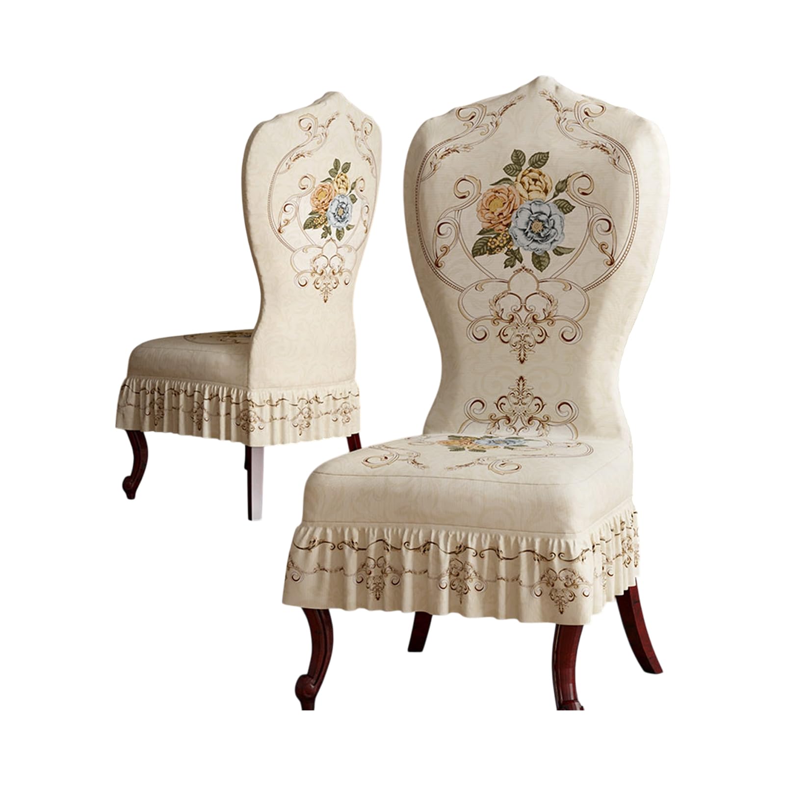 Round Back Dining Chair Cover Set of 2/4/6, Stretch Thickened Chair Slipcover with Skirt, High-end Printed Curved Back Dining Chair Cover for Kitchen Restaurant Banquet(Beige,2Pcs)