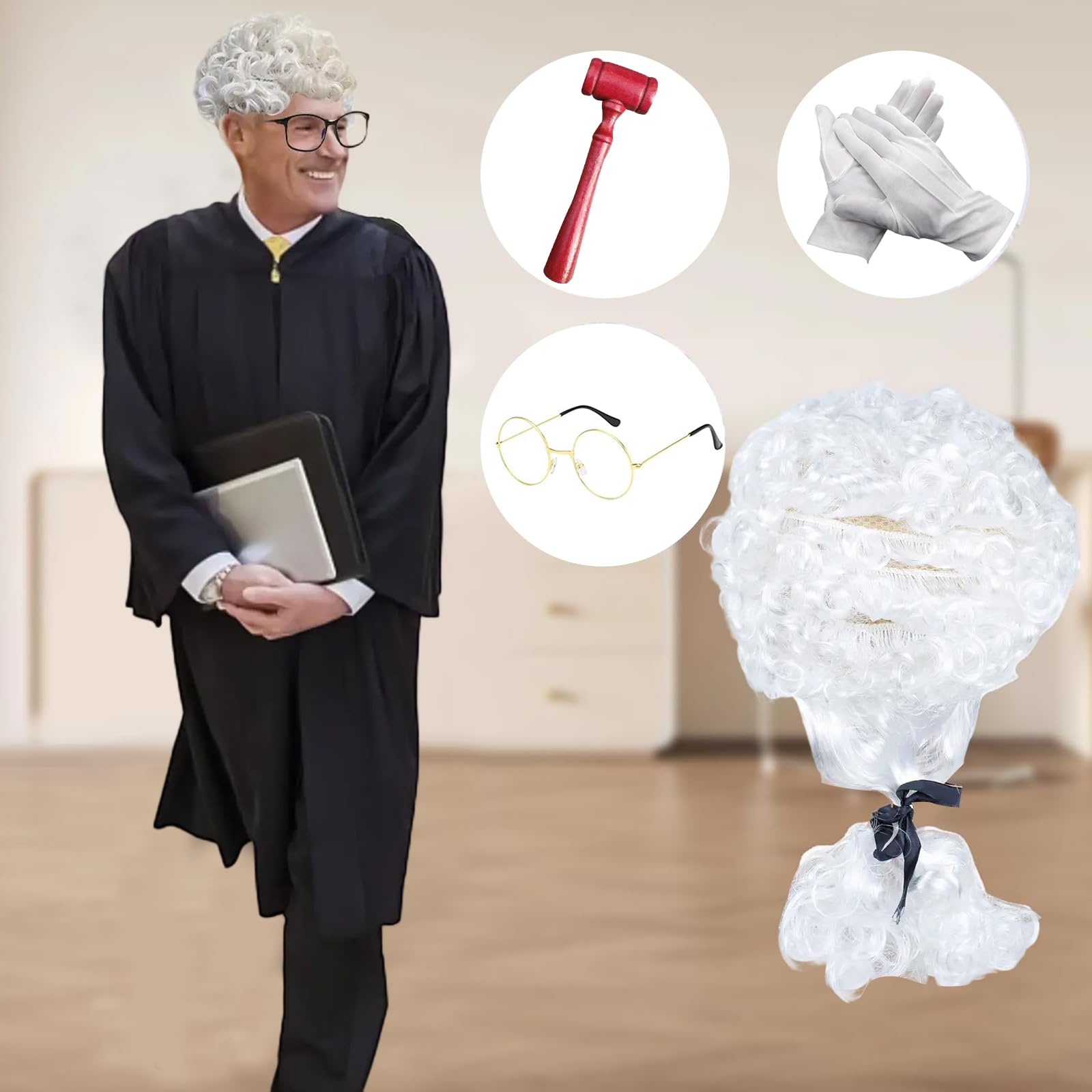 4pcs Judge Court Lawyer Costume Accessories Wig, Wave Hairpiece,Halloween Makeup Themed Party, Fancy Costumes, Role-Playing(White) - Image 4