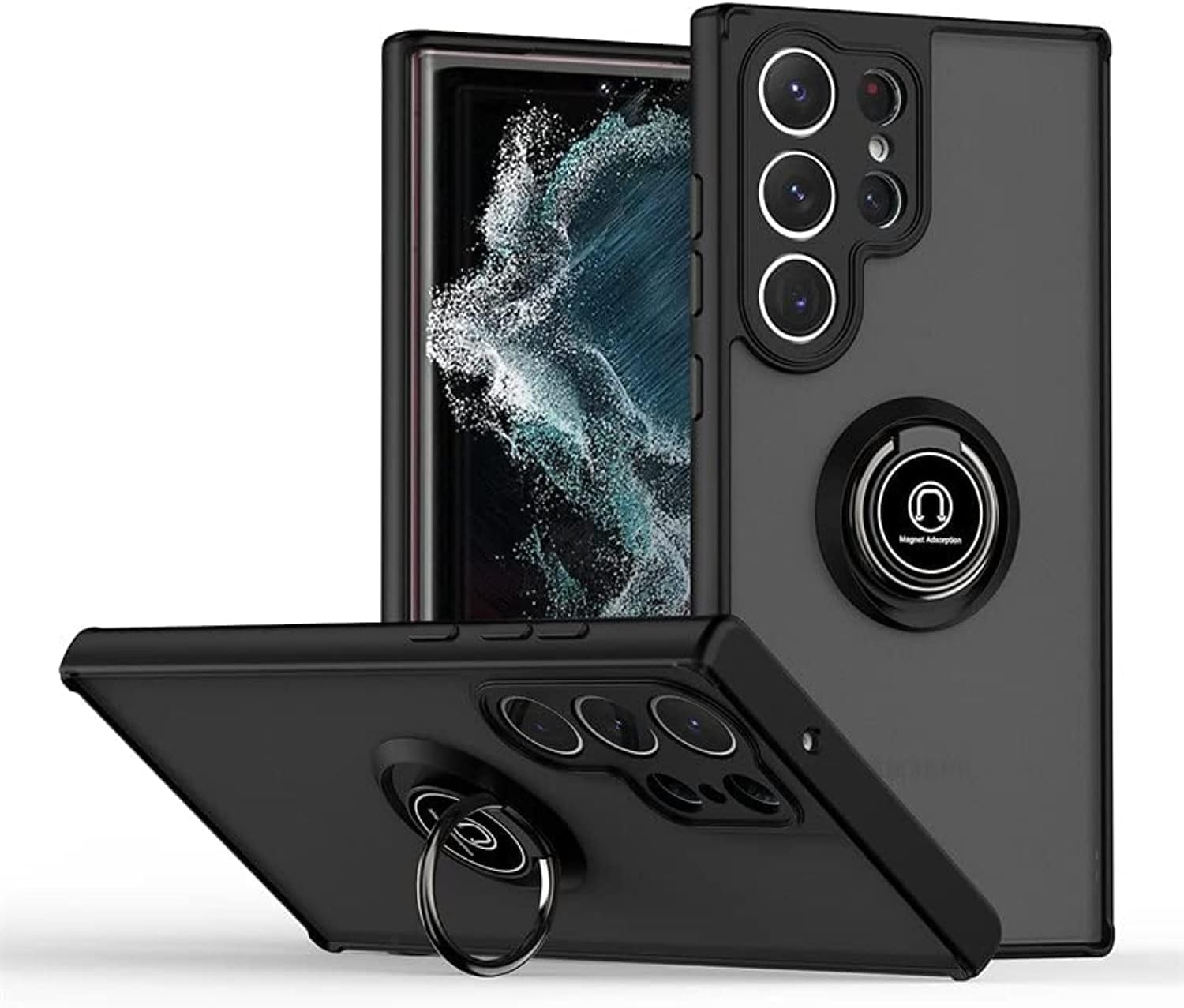 YIMICO Case for Samsung Galaxy s23 Ultra Case Cover Metal Ring Holder Grip Kickstand Car Magnetic Mount Shockproof Matte Hard Back Bumper Case for Samsung Galaxy s23 Ultra (Black)