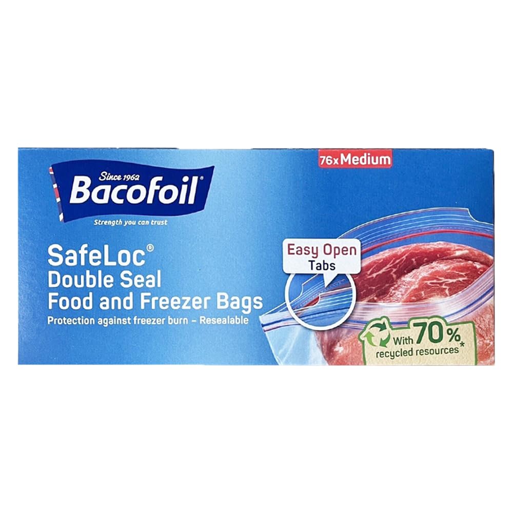 Welari Bacofoil Safeloc Double Seal Medium Food Freezer 76 Bags Pack Of 1 Resealable Washable Size 27X24cm Leftover Kitchen Waste Storage With Thank You Card | (1Pack) (76Bags)