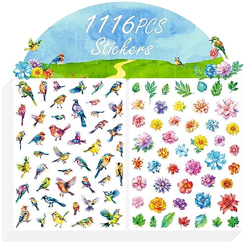 Image of 1116PCS Flower, Bird & Leaf Stickers - 24 Sheets Birds & Blossom Stickers for Spring Themed Party Supplies & Decorations