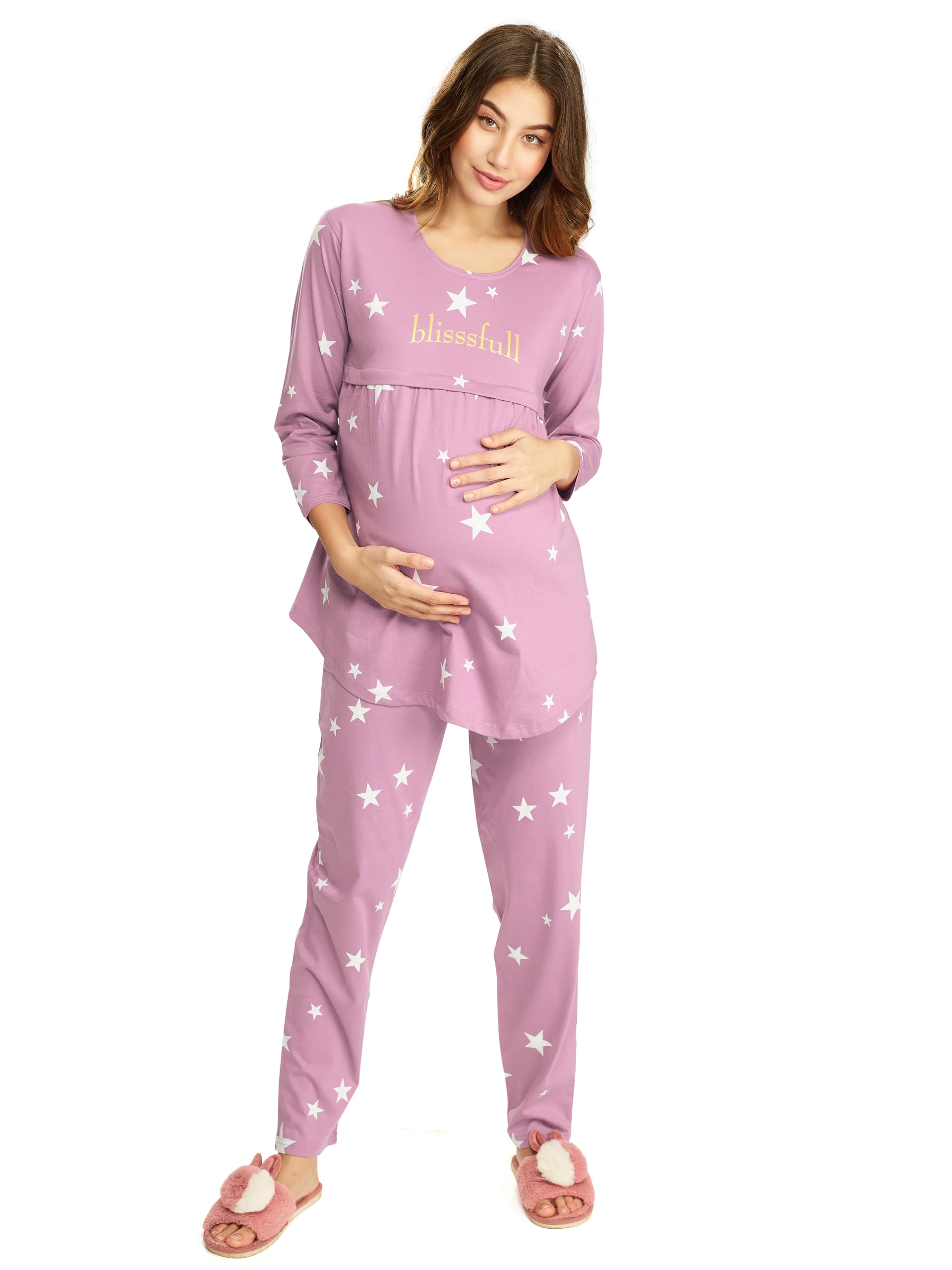 LOTIK Women's Cotton Star Print Maternity & Feeding Nightsuit Set