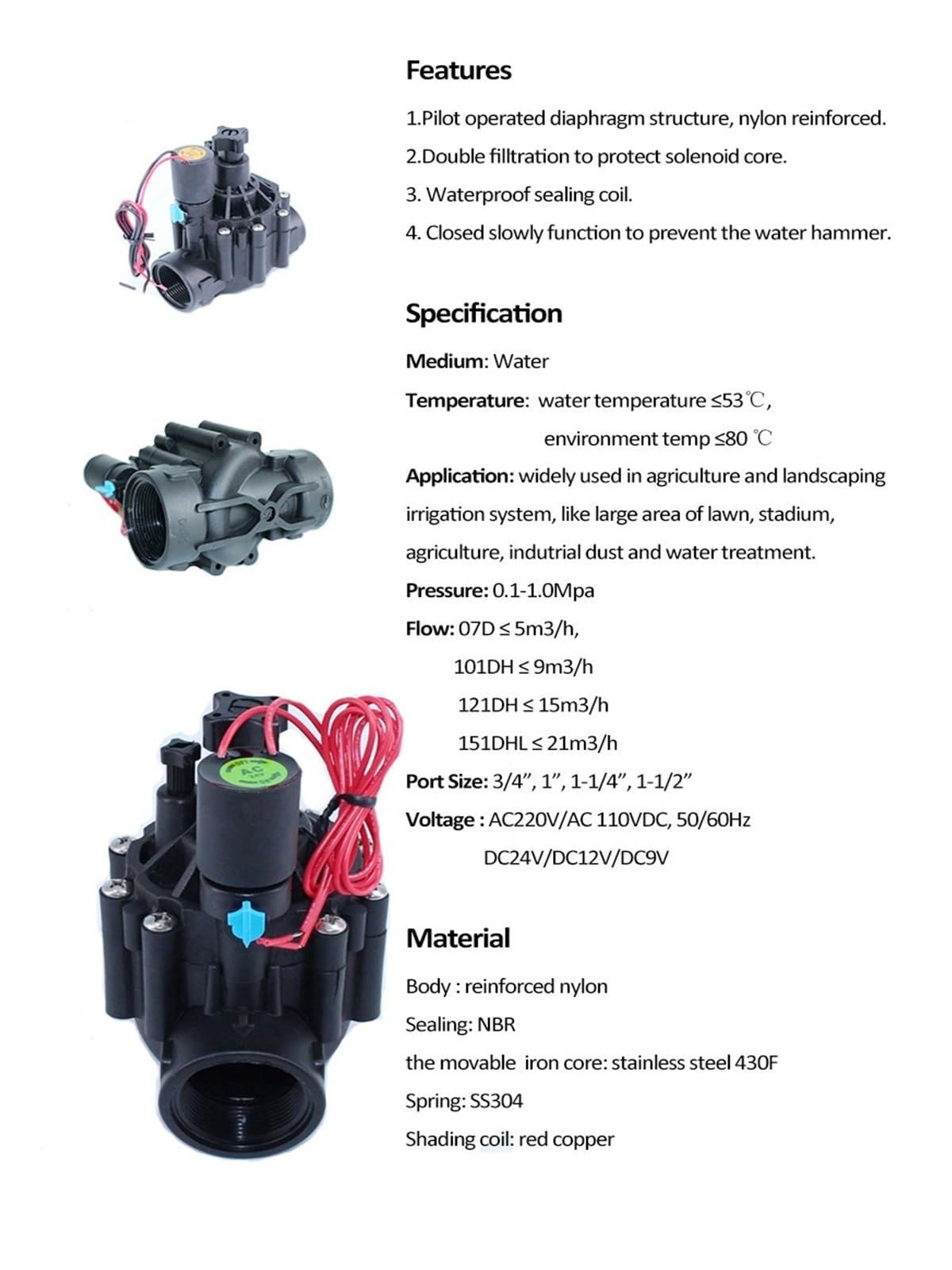 Electroválvula de riego de 1-1/2'', 220 V, 12 V, 24 V CC, con Enclavamiento y regulación de caudal for riego agrícola.(DC 12v)