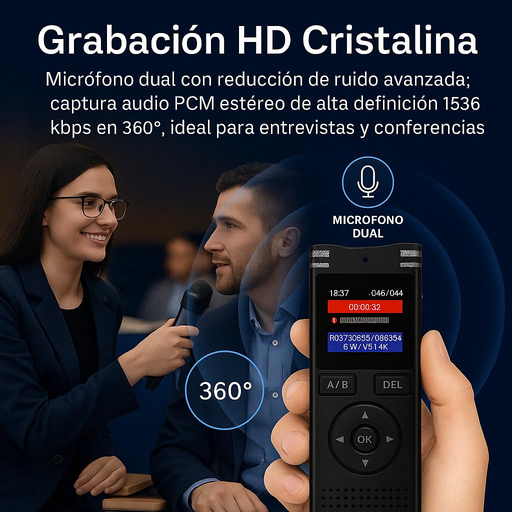 SmartRec Grabadora de Voz con IA | Activación por Voz y Protección con Contraseña | 128GB | App Móvil, Mac, Windows y Web | Cloud Europea GDPR | Audio HD 1536kbps | USB-C