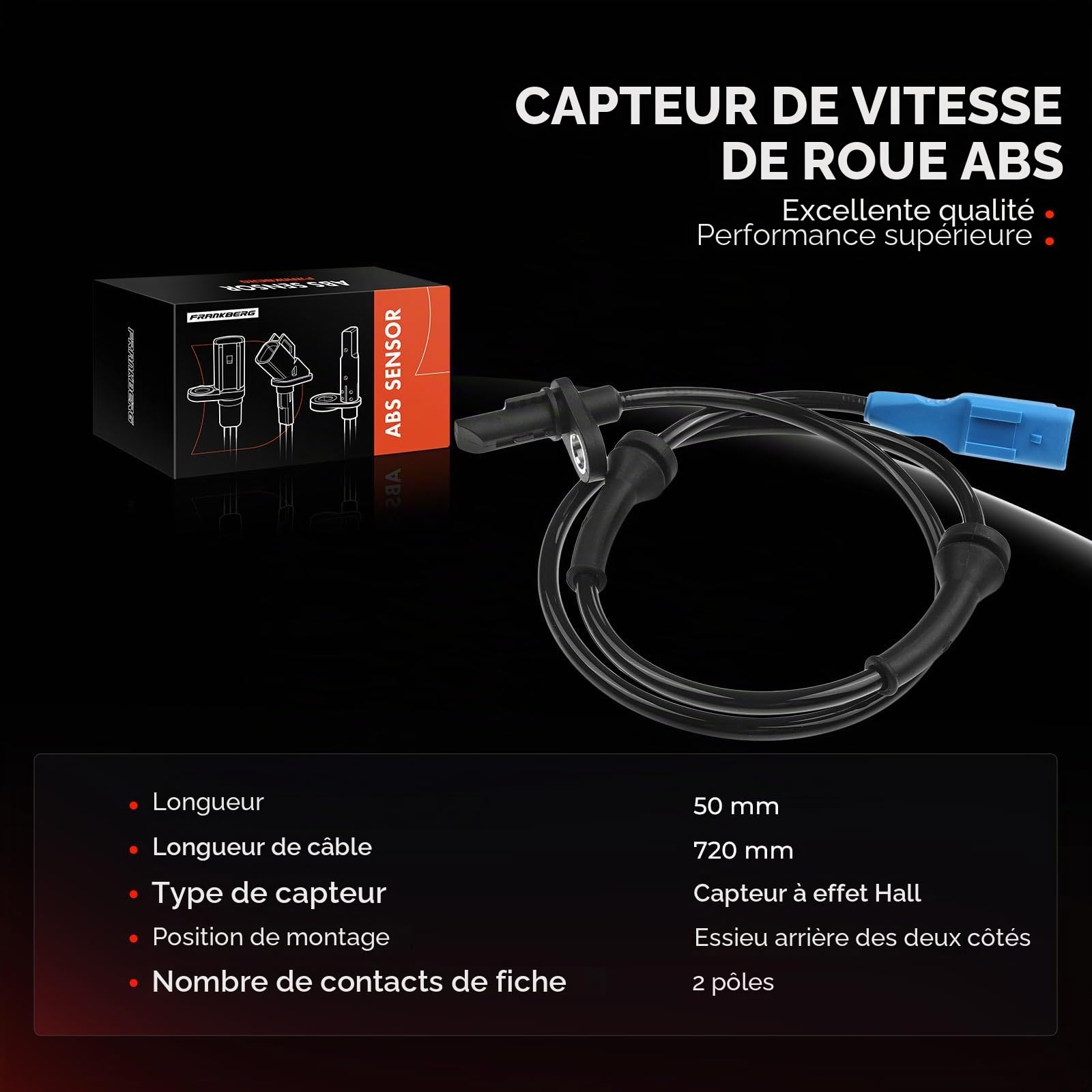 Frankberg Capteur ABS essieu arrière 9651969380 | Compatible avec: 207 WA WC, C-Élysée, 208 I, 208 I CA CC, C3 Picasso SH, 207 CC WD, 301, 207 SO WK