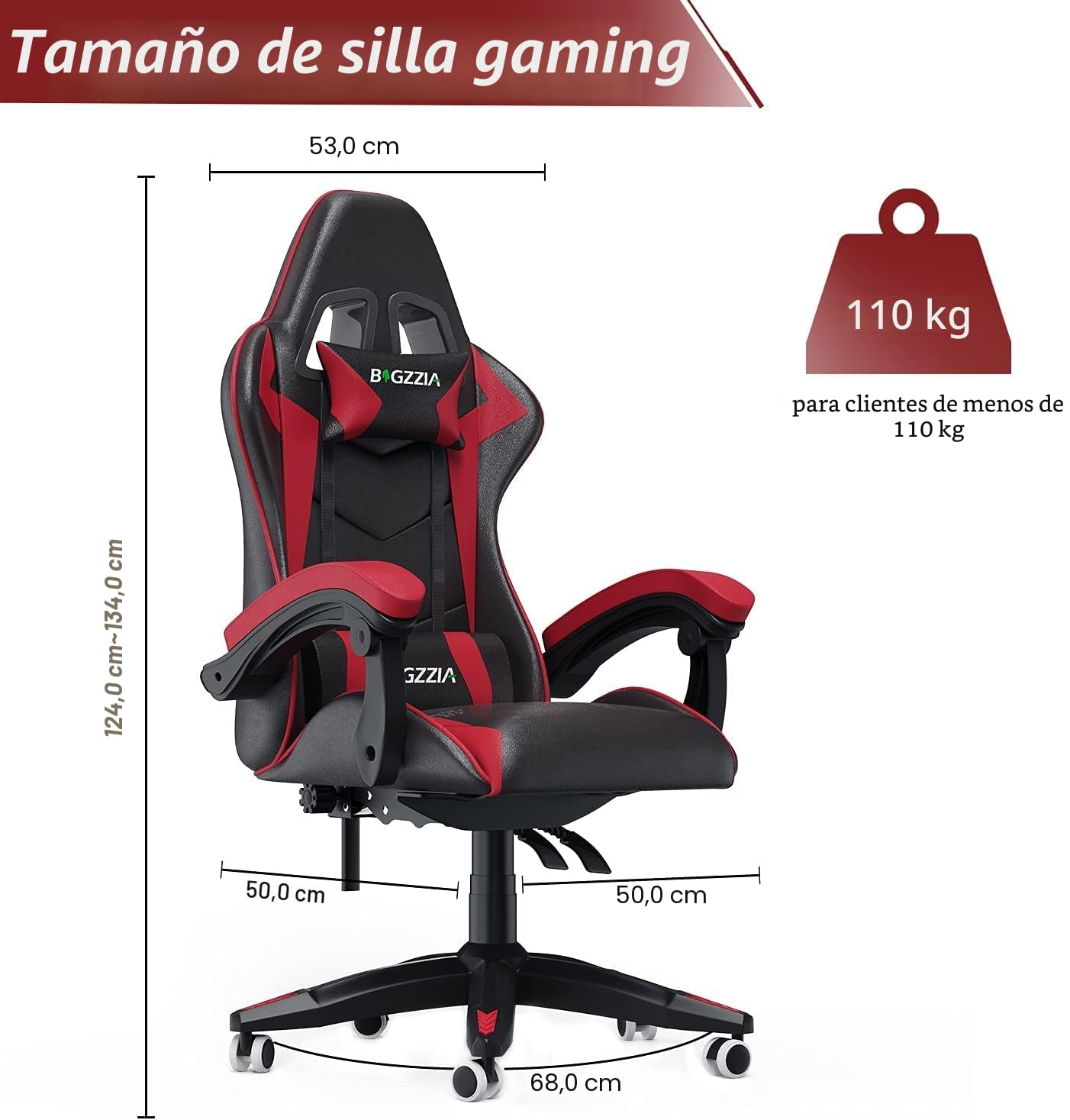 Bigzzia Silla Gaming,Silla Ergonómica de Oficina en Cuero PU,Regulable en Altura con Soporte Lumbar y Reposacabezas,Respaldo Reclinable 155°,Silla Gamer Adulto Niño(Rojo)