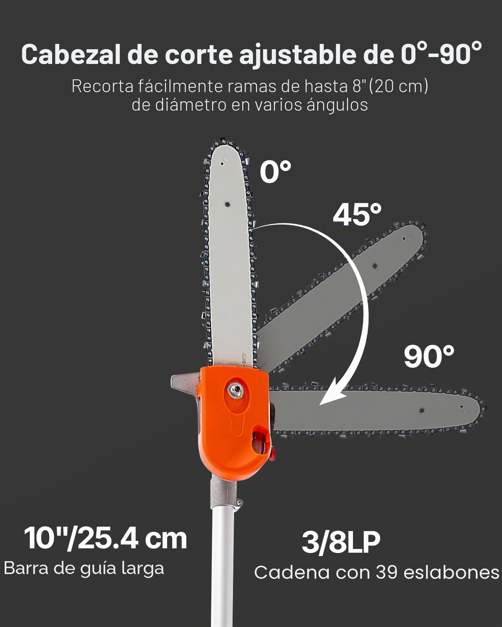 VEVOR Motosierra de Pértiga a Gasolina, Motosierra Inalámbrica de 43 CC y 2 Tiempos con Barra de Corte de 25,4 cm, Cabezal Giratorio, y Extensible de 2,16 a 3,66 m para Podar Árboles, Naranja