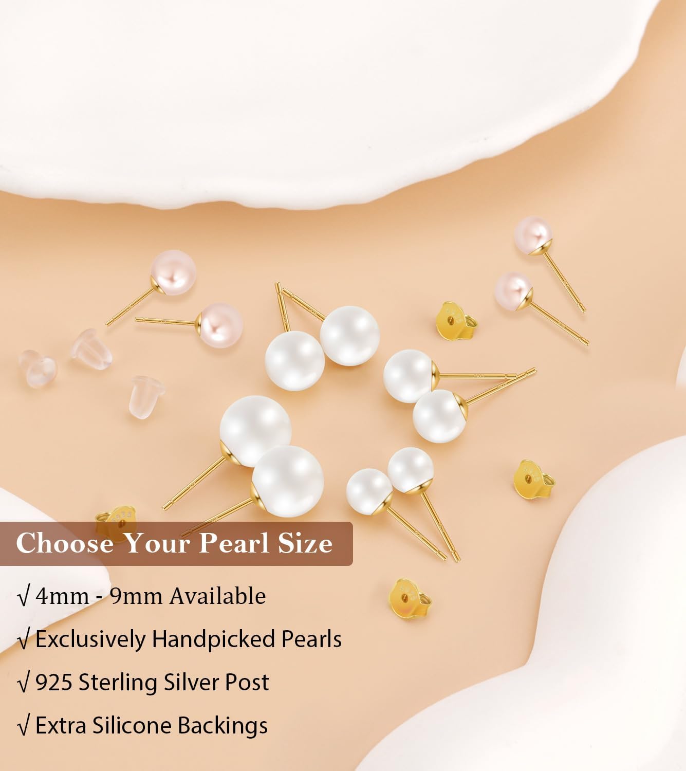 Freshwater Pearl Stud Earrings for Women, Hypoallergenic Earrings Studs with Genuine Round White Pearls - Image 4