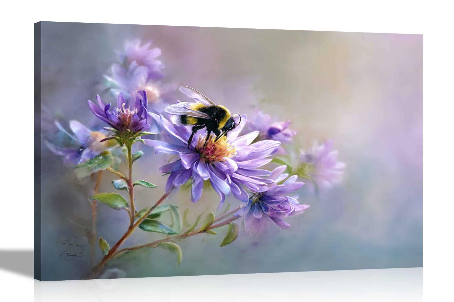 Artley Prints - Purple Flowers Bumblebee Canvas Prints Home Office Conservatory Nature Wall Art Oil Painting Pictures 51 x 35cm (20 x 14 inches)