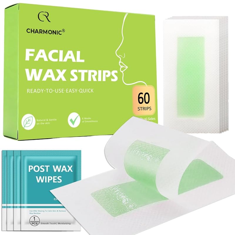 Tiras de cera facial Charmonic para sobrancelhas, buço e bochechas, 60 unidades, com 10 lenços pós-uso