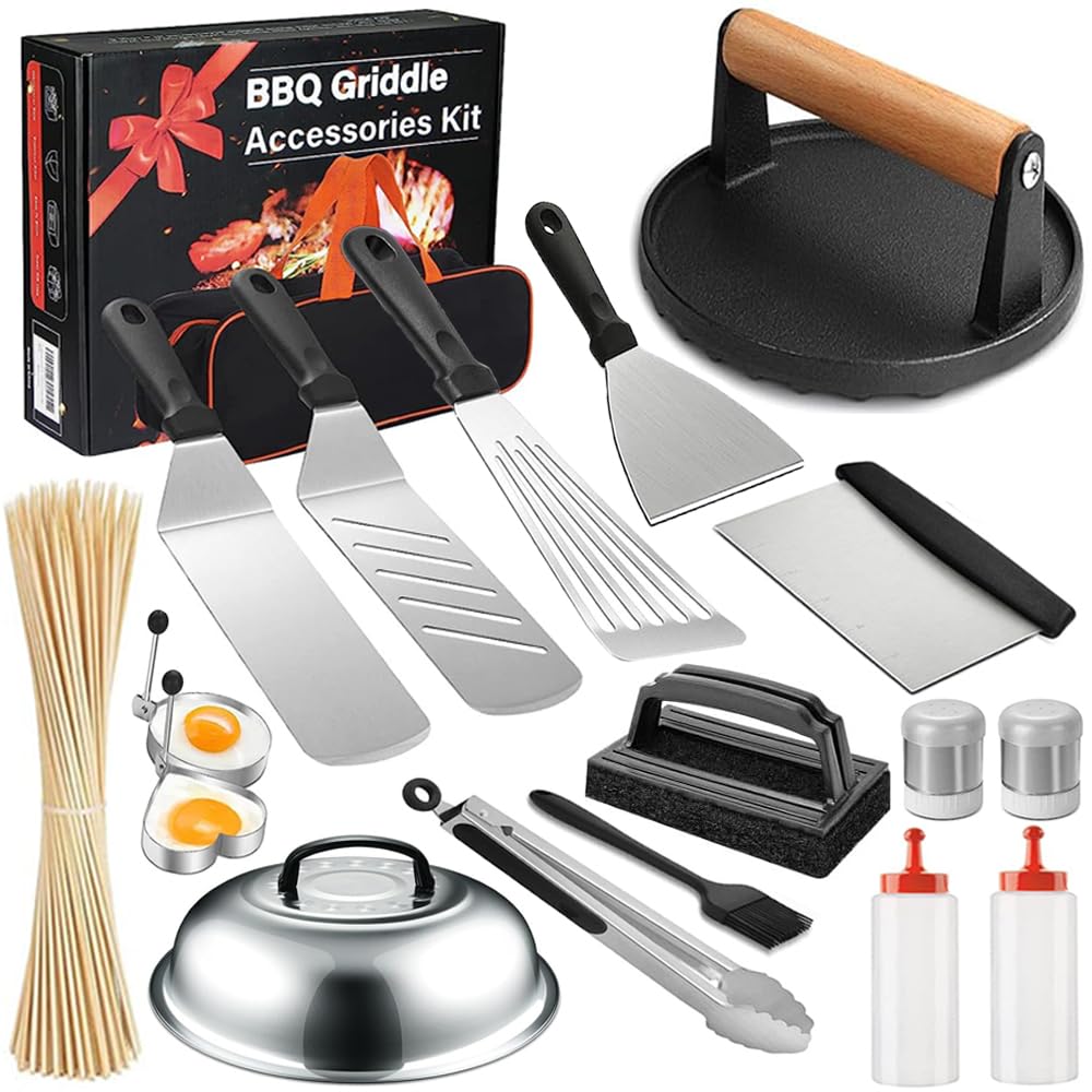 Griddle Accessories Kit and Burger Press, Flat Top Grill Accessories Set for Blackstone and Camp Chef, Grill Spatula Set Stainless Steel BBQ Accessories for Men Women Outdoor Camping
