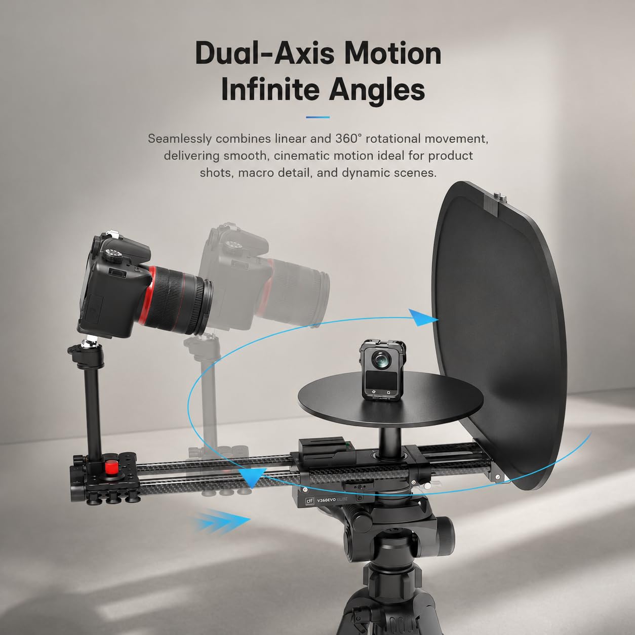 DF DIGITALFOTO V360EVO-ELITE a Doppio Asse Foto Booth 360 | A Doppio Asse Controllato da App Piattaforma Motorizzata per Fotografia di Prodotto, Video, Timelapse e Stop Motion