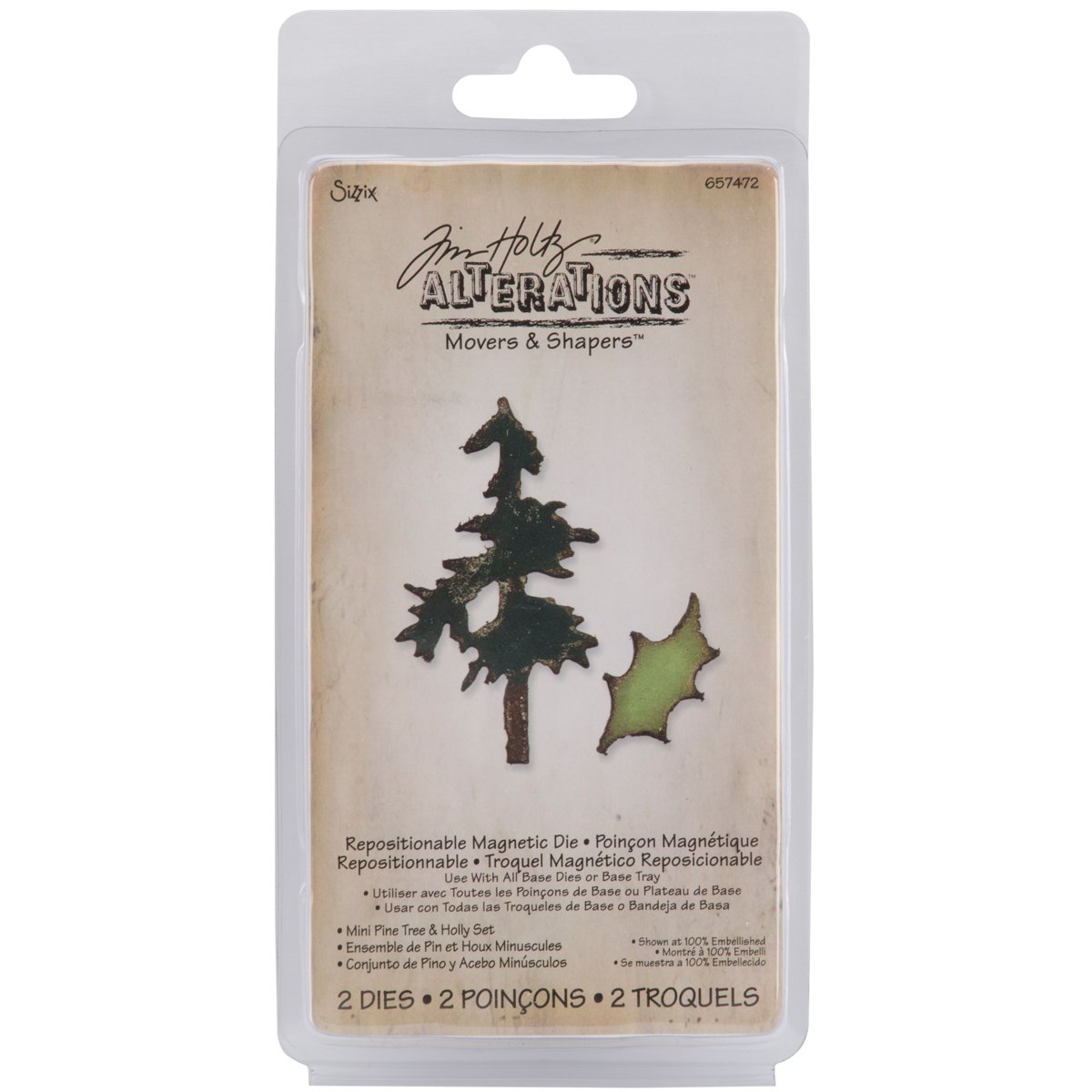 657472 Movers & Shapers Magnetic Die Set, Mini Pine Tree & Holly Set by Tim Holtz, Pack of 2, Multicolor