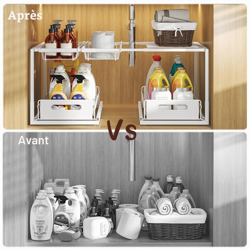 YunNasi Rangement Sous Evier, Extensible Organisateur à 2 Niveaux en Métal, Hauteur Réglable Coulissant Tiroir Étagères pour Placard Meuble Cuisine Salle Bain(Noir, B-Style)