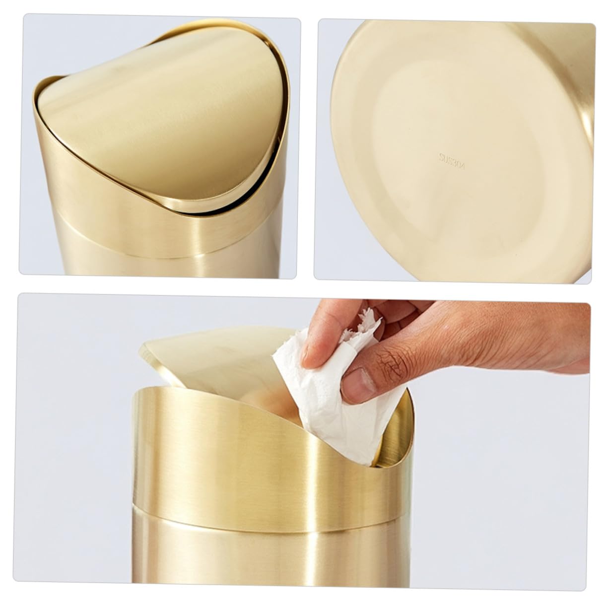 VALICLUD Kleiner Schreibtisch Abfalleimer Eleganter und Kompakter Mülleimer aus Edelstahl mit Pressdeckel Goldfarben Multifunktional für Schreibtisch und Reise